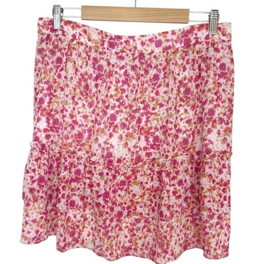J.Crew Pink Floral‎ Tiered Mini Skirt Elastic Waist Ruffle Hem AY478 Large NEW